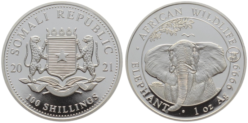 Somalia 100 Schilling Silber 2021 Elefant - 1 Unze Feinsilber (Mintmark COW)